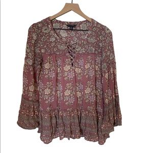 American Eagle Floral Flowy Boho Lace Up Vneck Bell Sleeve Blouse Top